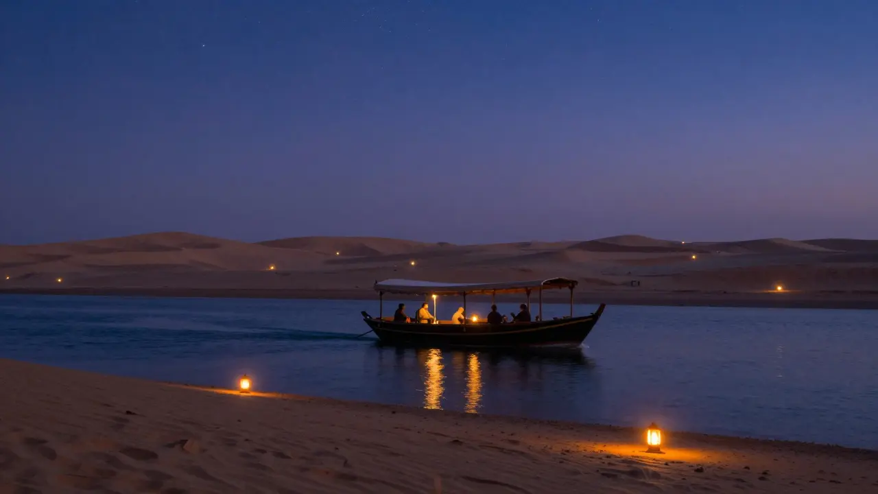 A peaceful dhow cruise on Dubai Creek at twilight under a starry desert sky.