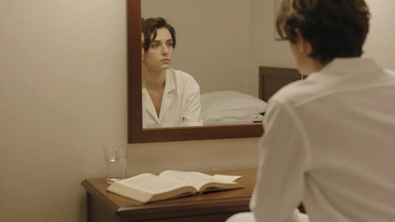 A person sits alone by a hotel bed, facing a mirror, with a book and glass on the nightstand.