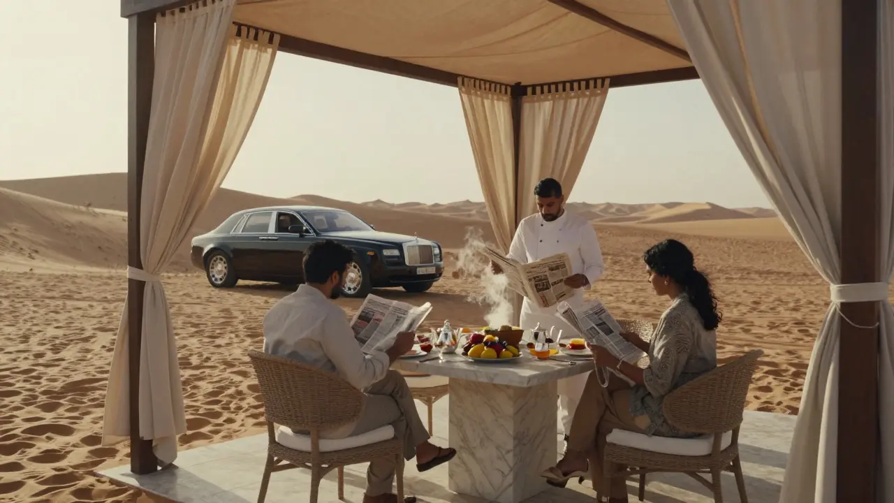 A private desert breakfast at dawn, with a couple in quiet conversation beside a steaming teapot and sand dunes.