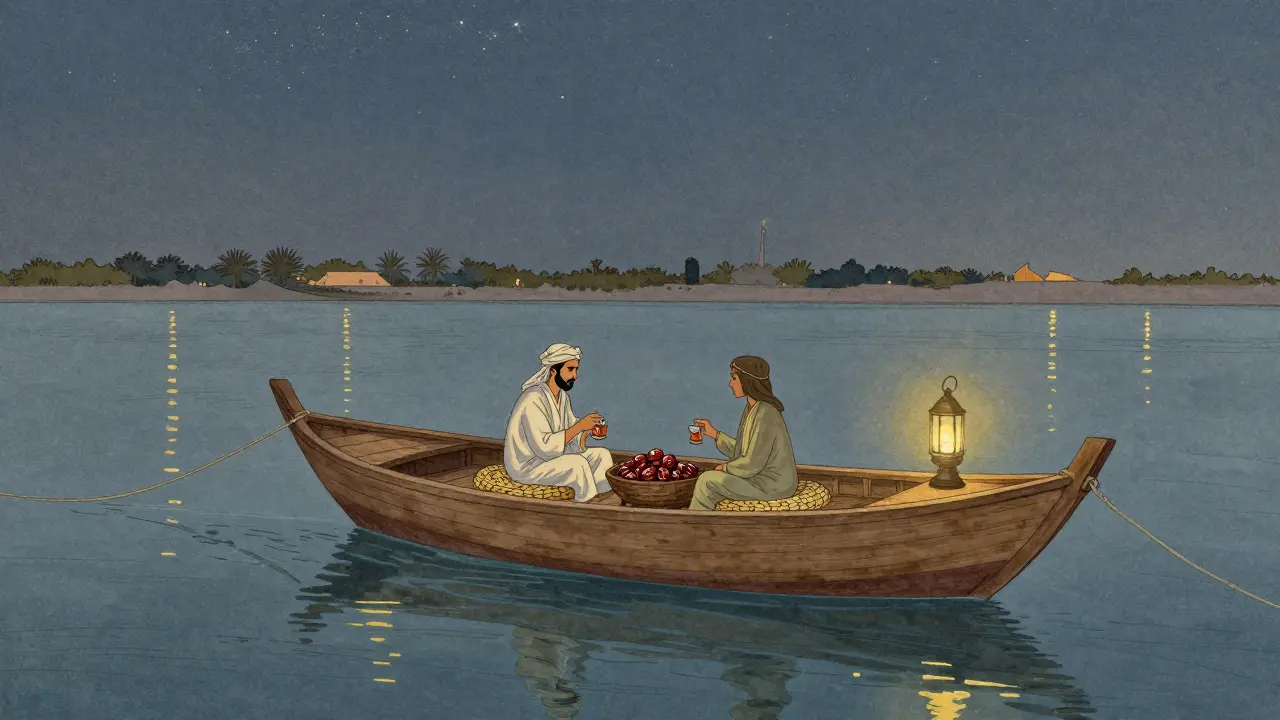 A private dhow cruise at night on Abu Dhabi Creek, two people sharing tea under starry skies.