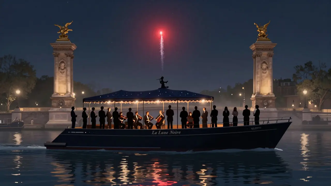 A private yacht sailing under a Paris bridge at night, guests watching a flare rise in silent awe.