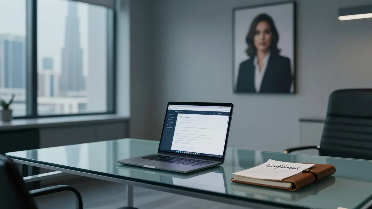 A professional escort agency office with secure client portal and confidential logbook in minimalist design.