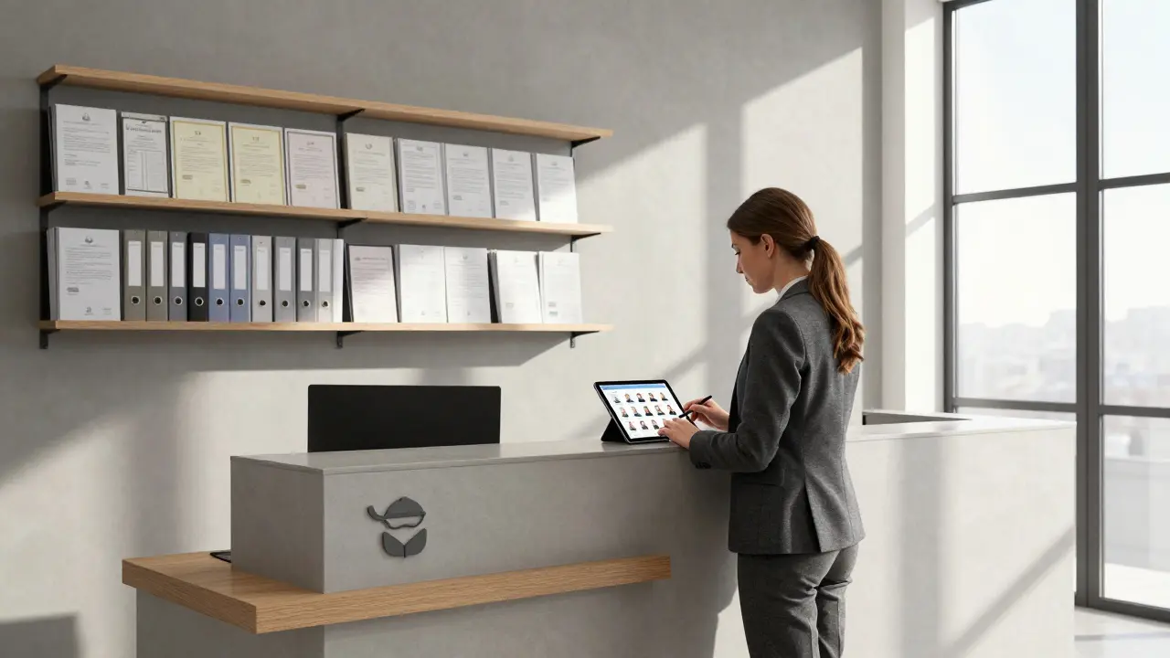 A professional escort agency office with verified client files and a receptionist reviewing profiles.