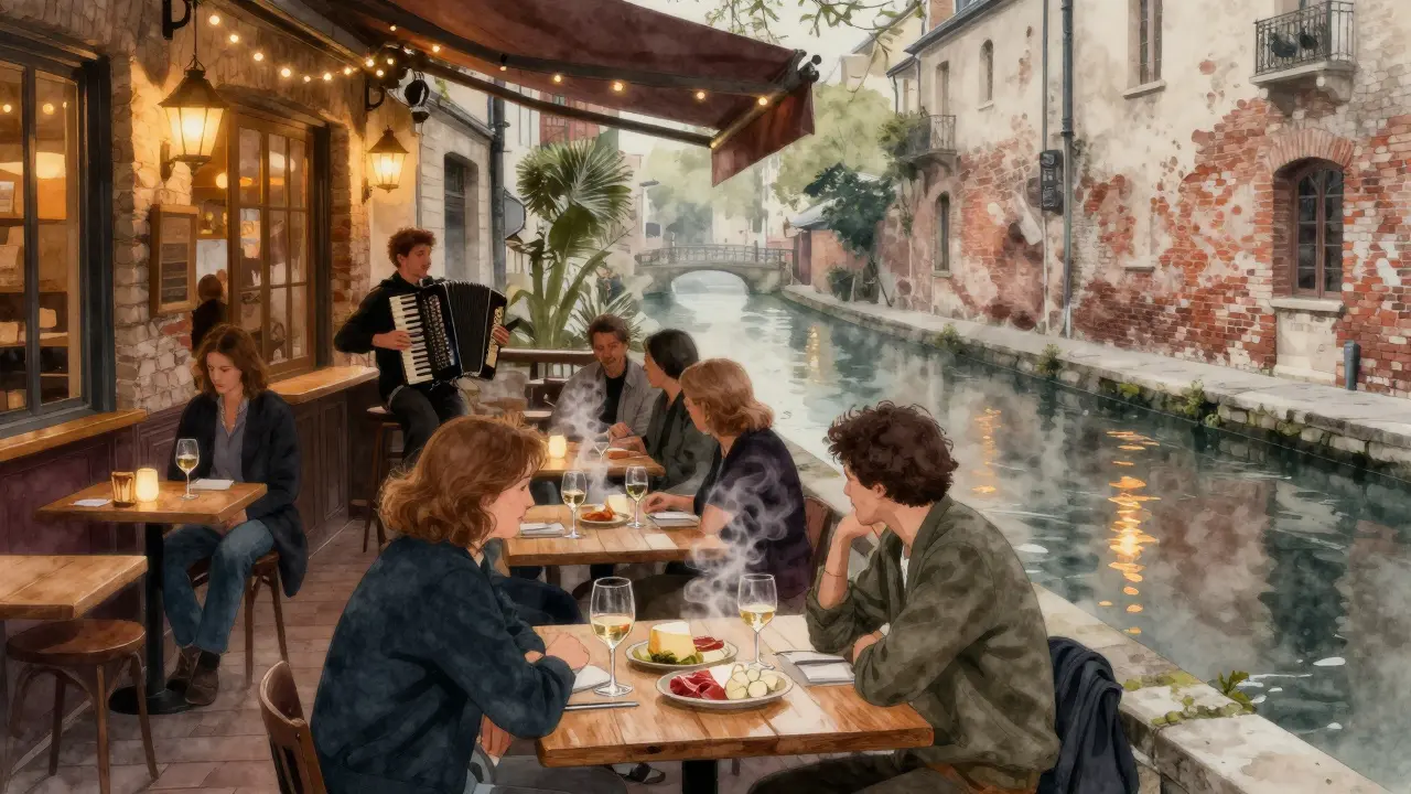A quiet courtyard bar in Canal Saint-Martin with string lights, people enjoying wine and small plates by the canal at midnight.