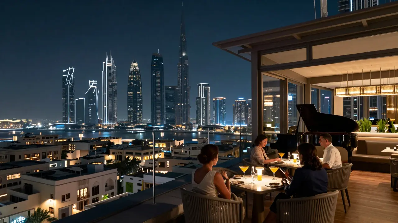 A quiet rooftop lounge with glowing skyscrapers in the distance and guests enjoying drinks.