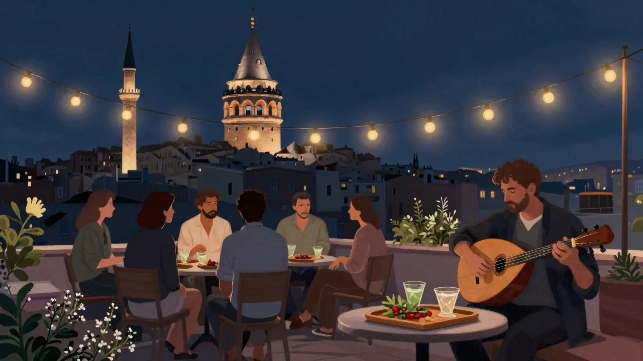 A quiet rooftop terrace at night with minarets in the background, locals chatting under string lights, an oud player nearby.