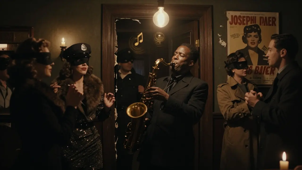 A secret 1940s jazz club during Nazi occupation, with a saxophonist playing as masked patrons dance cautiously.