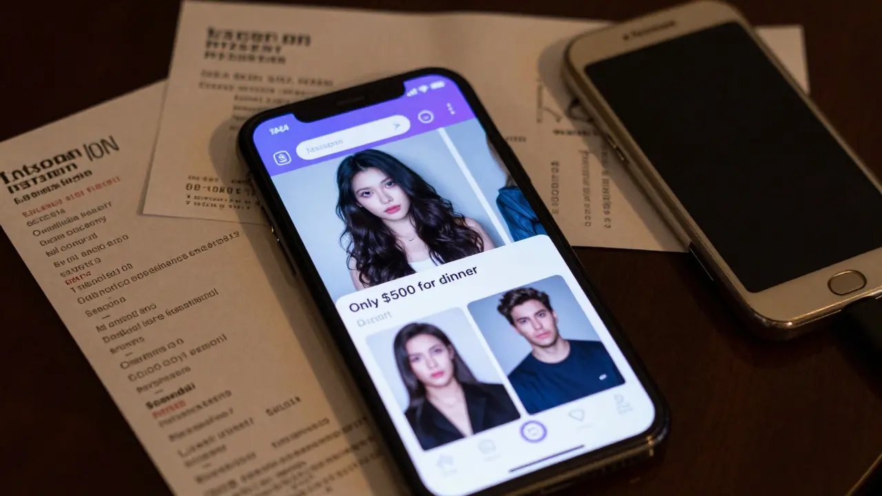 A smartphone displaying a suspicious escort ad with crypto receipts and a burner phone on a hotel table.