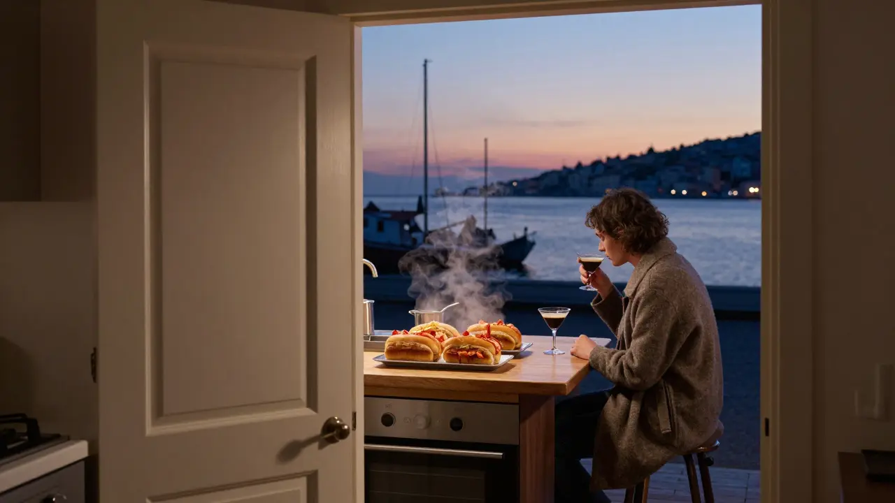 A solitary figure at dawn outside a hidden white door, steam rising from food, harbor quiet under morning light.