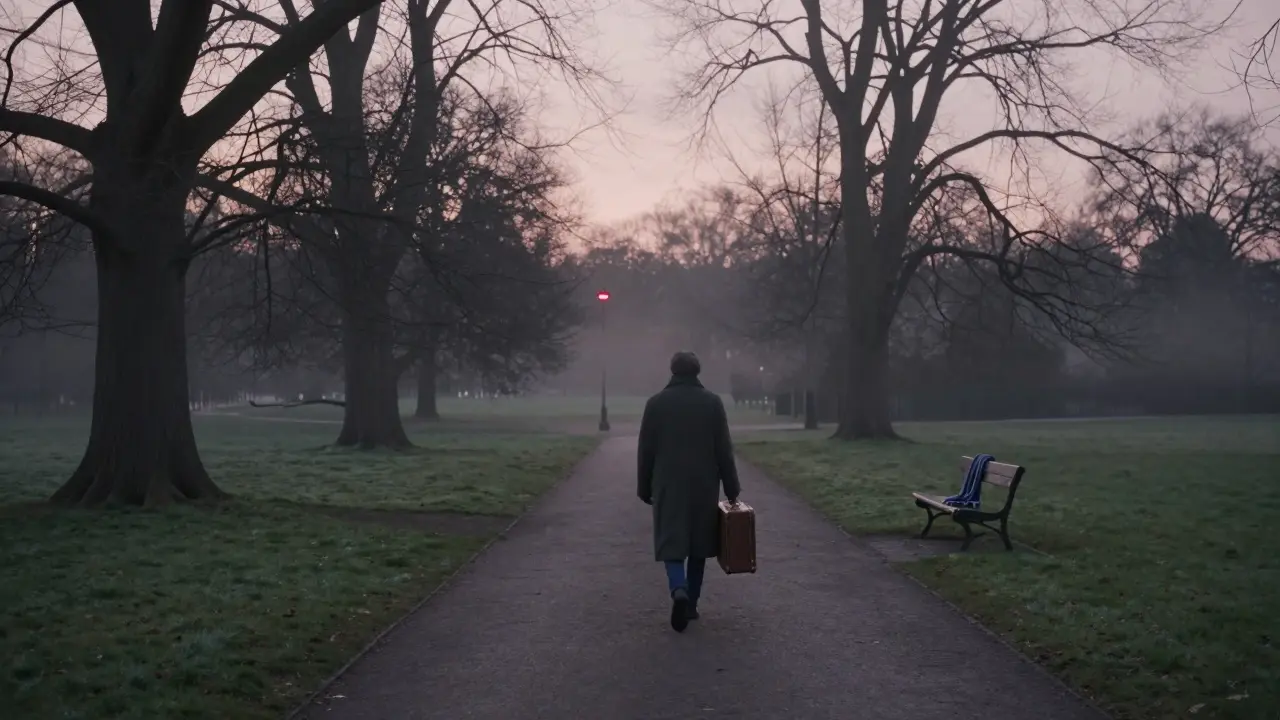A solitary figure walking alone through Hyde Park at dawn, suitcase in hand, mist surrounding them.