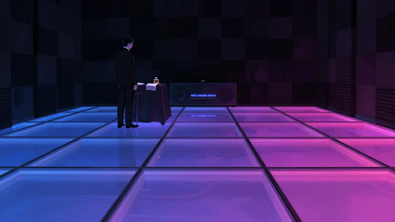 A translucent glass floor lit with shifting colors in an exclusive Dubai nightclub, surrounded by minimalist luxury.