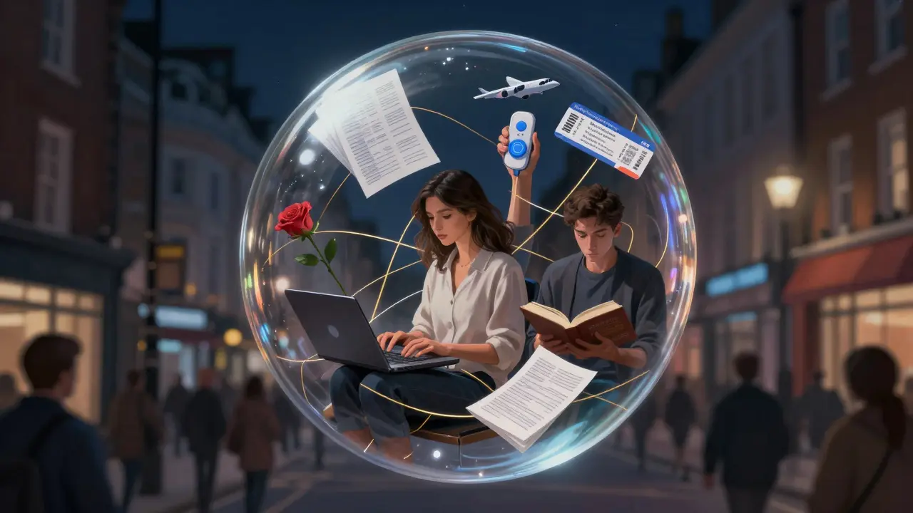 A transparent sphere containing symbols of an escort's autonomy—tax papers, a plane ticket, a panic button—floating over London streets.