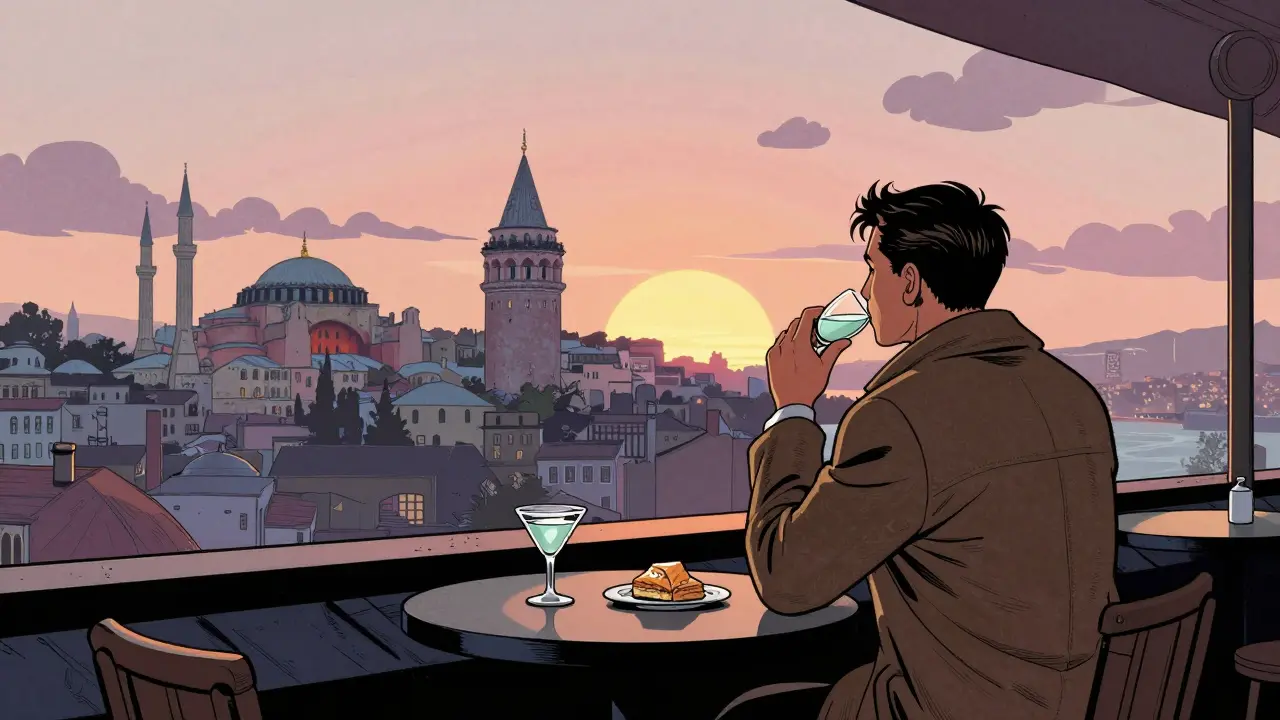 A traveler watches the sunrise over Galata Tower at dawn, enjoying ayran and baklava on a quiet rooftop.