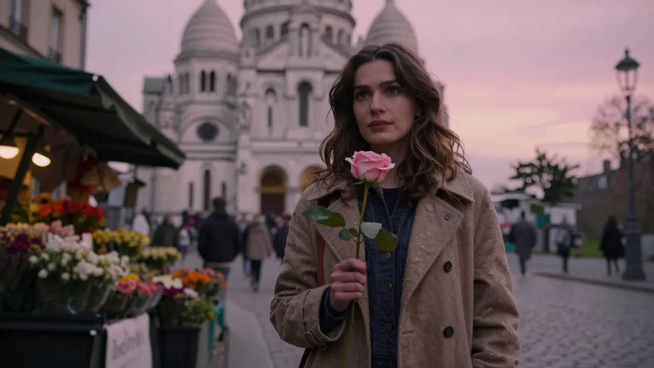 A woman holding a single rose from a market, standing on a Parisian street at dusk.