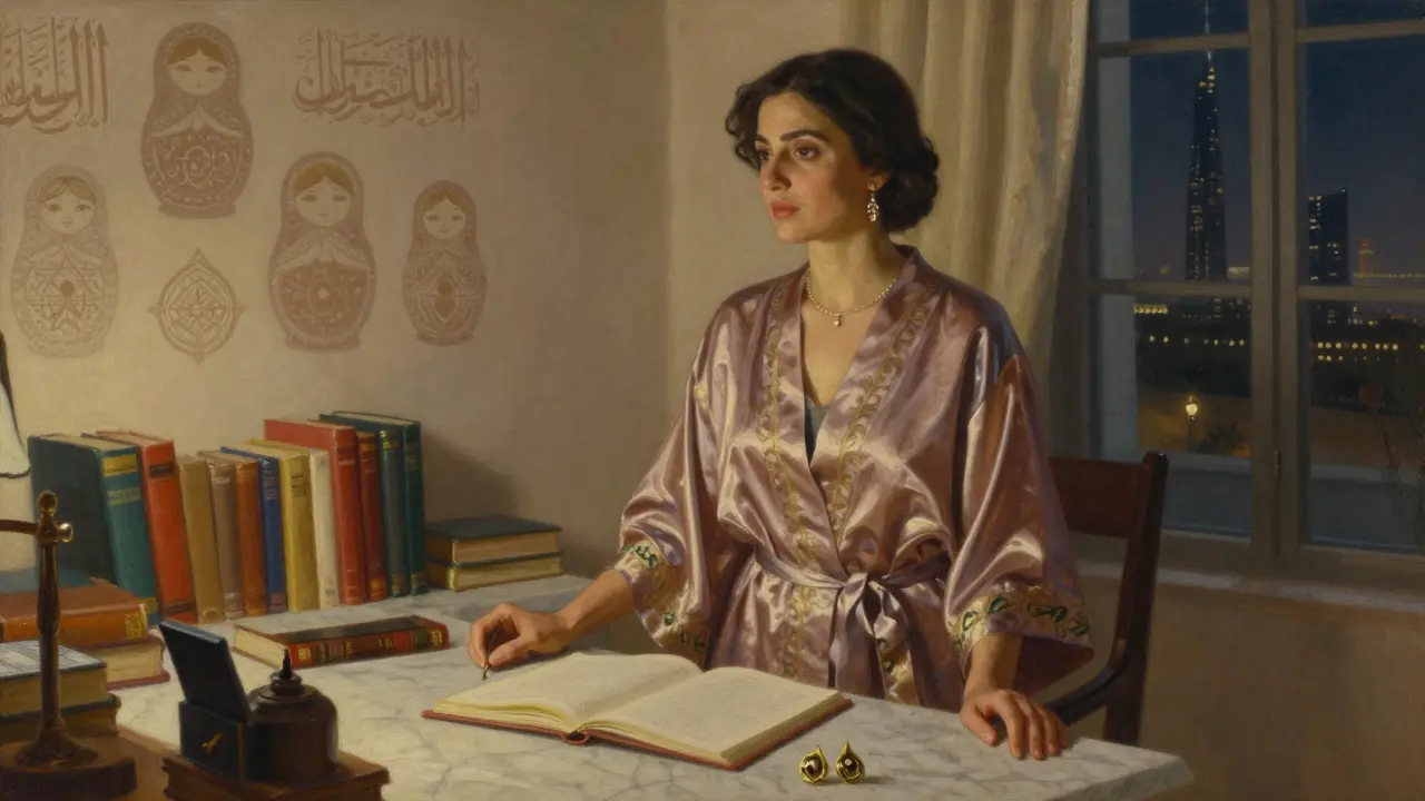 A woman in a silk robe stands by a window in a private villa, surrounded by cultural symbols and a journal, exuding quiet depth and cultural awareness.