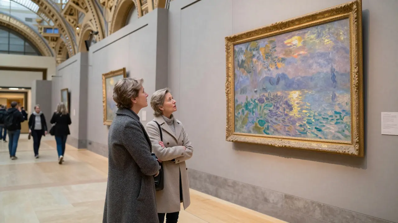 A woman listening to a companion during a private art tour at the Musée d’Orsay, surrounded by Impressionist paintings.
