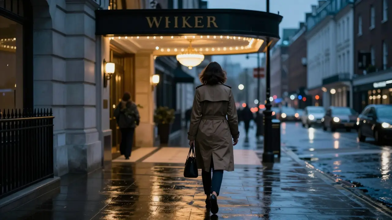 A woman walks away from a luxury hotel at dusk in London, silhouette framed by warm lights, embodying discretion and safety.
