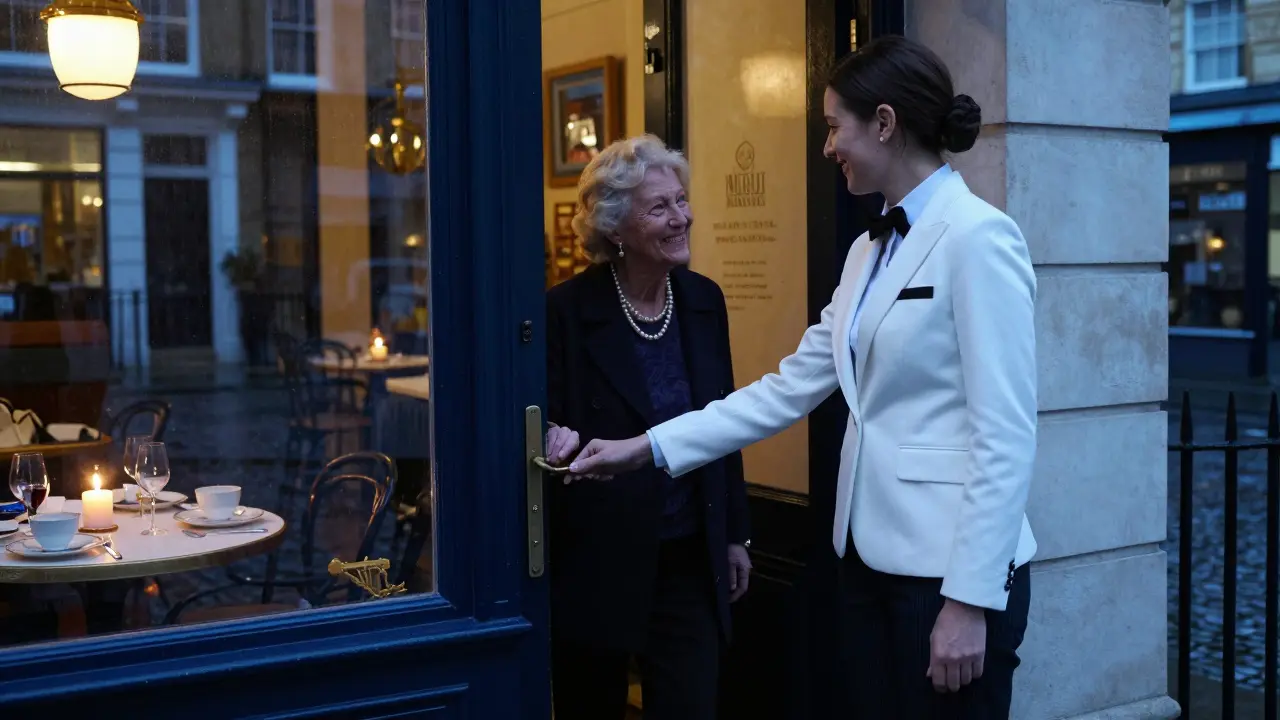 An escort holds open a restaurant door for an elderly client in Mayfair, both entering under soft candlelight.