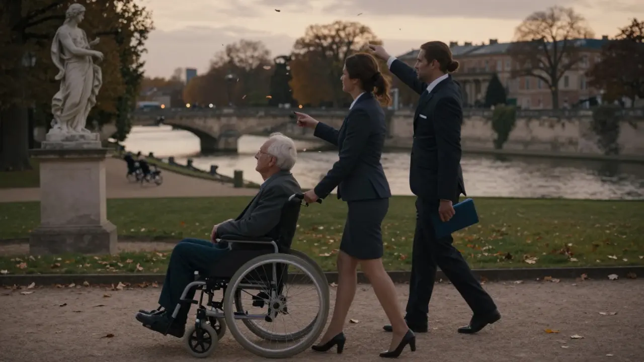 An escort walking beside a man in a wheelchair through Luxembourg Gardens at twilight.