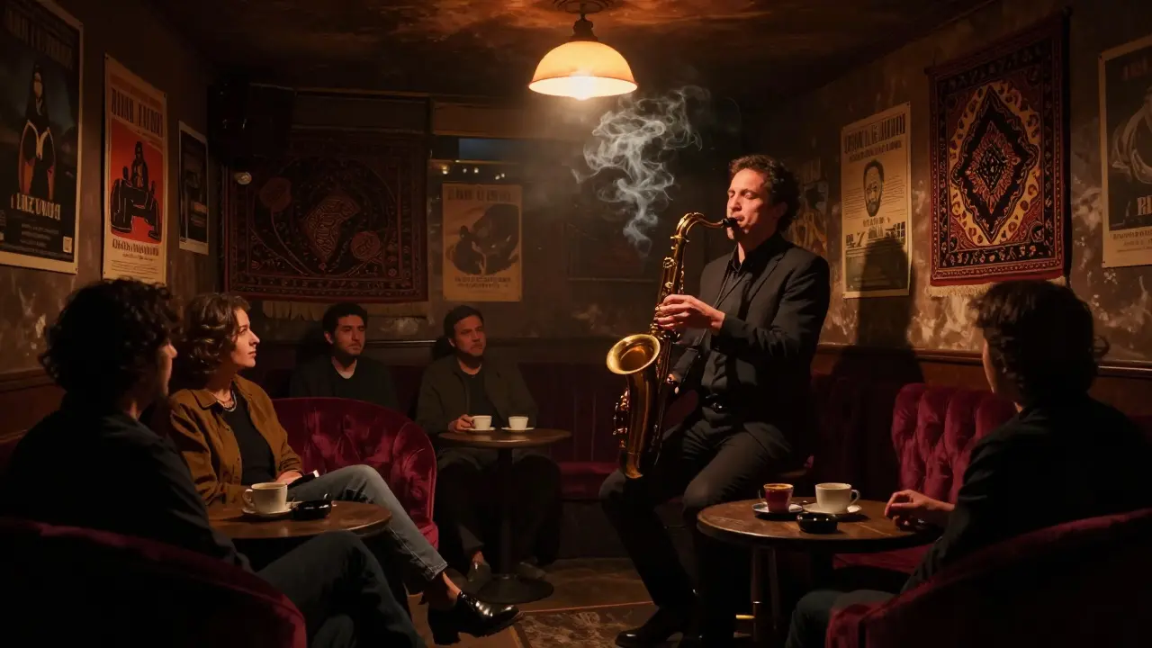 An intimate jazz club in Beyoğlu with a saxophonist playing under a single lamp, patrons lost in the music in shadowy velvet chairs.