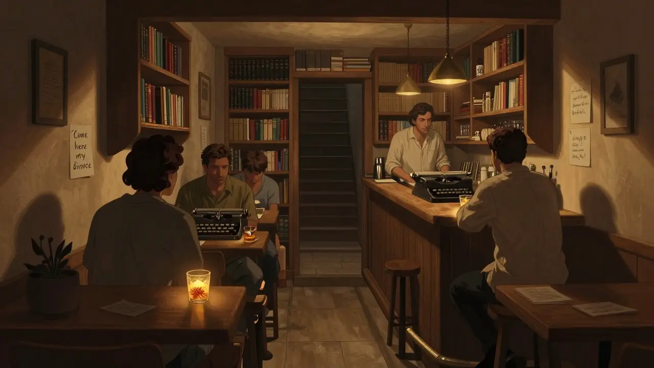 An intimate underground bar hidden behind a bookstore, filled with books and warm light, someone being served a unique drink.