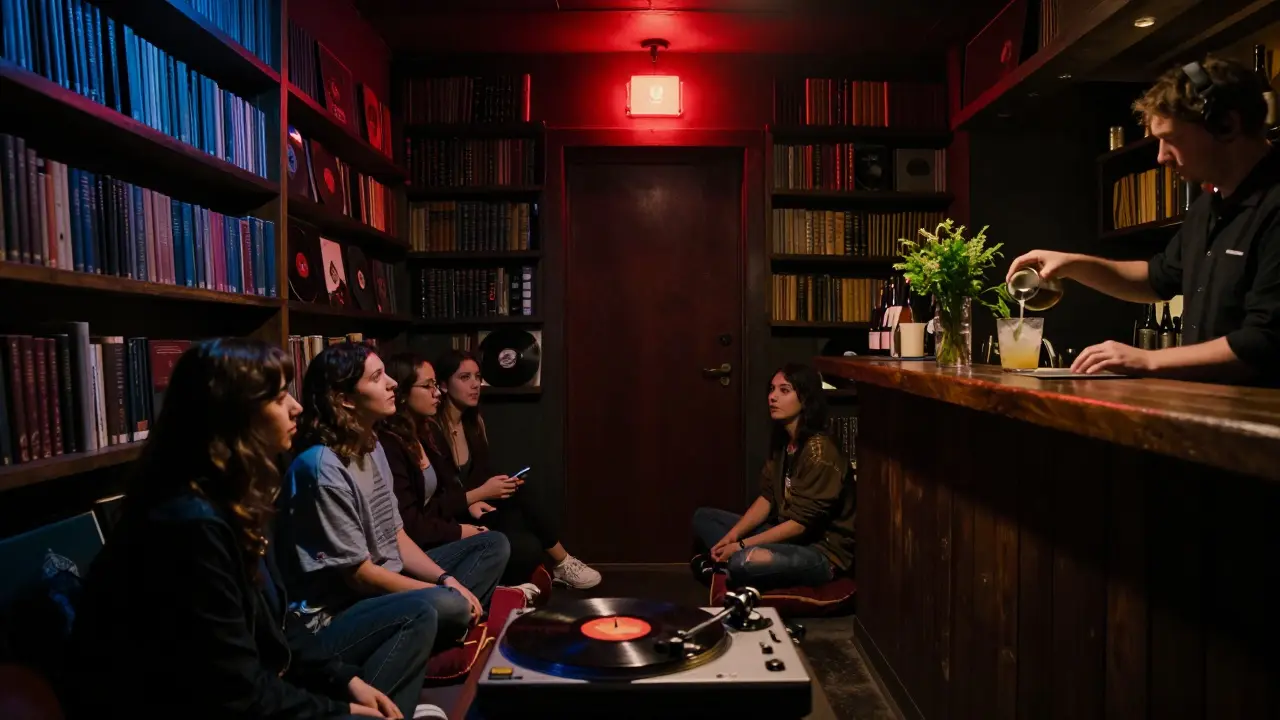 An underground hideaway with vinyl records, no phones, and warm lamplight casting soft shadows.