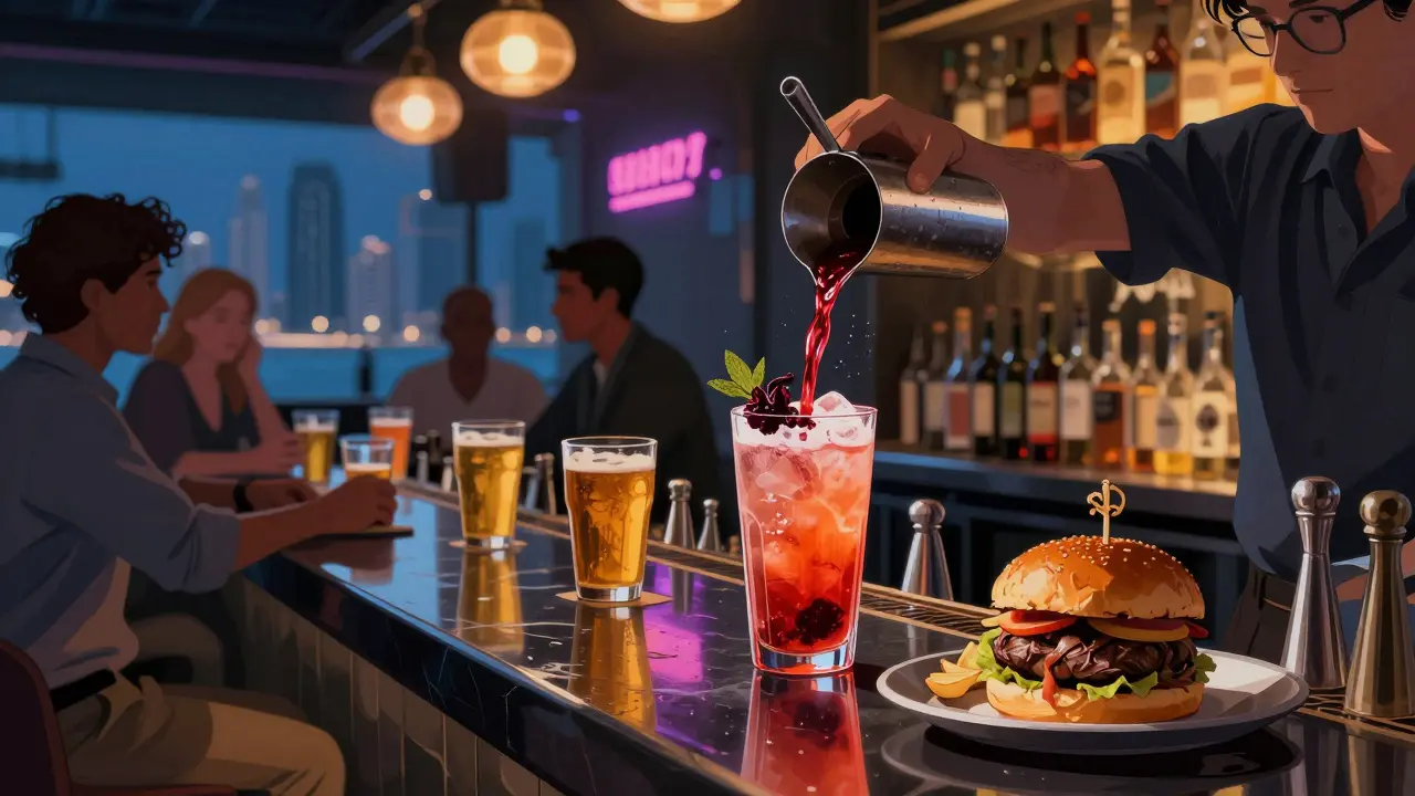 Bartender pouring a non-alcoholic cocktail in a dimly lit Dubai bar, patrons enjoying discounted drinks and food.