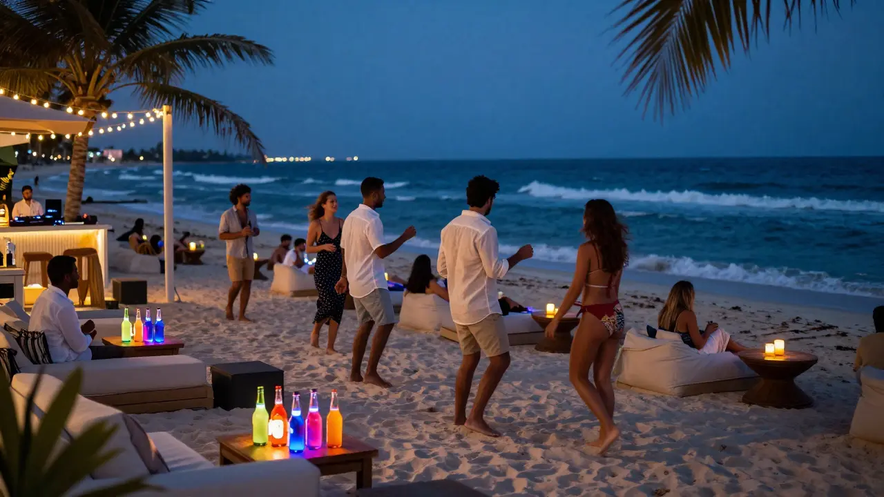 Beach club at midnight with glowing cocktails, barefoot dancers, and ocean waves under string lights and palm trees.