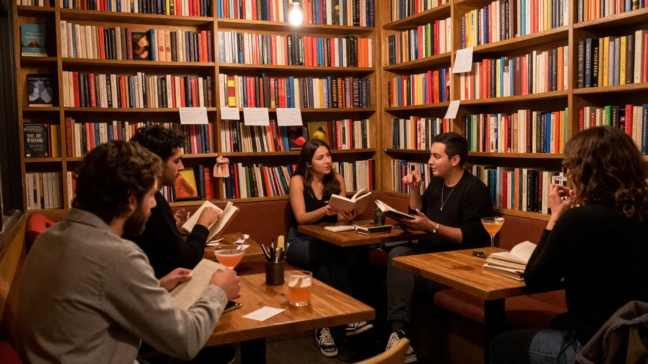 Book-filled reading nook with people chatting over cocktails, shelves of secondhand novels in the background.