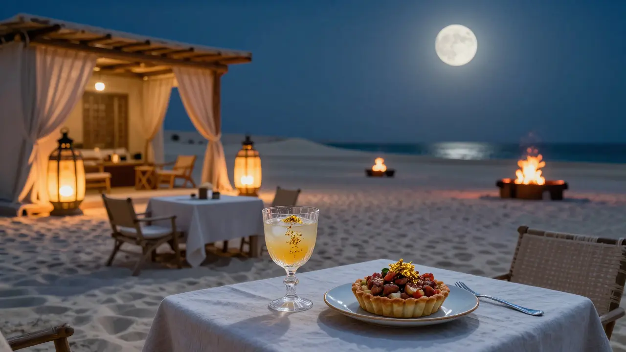 Candlelit beachside table with golden cocktail and desert dunes under a full moon.