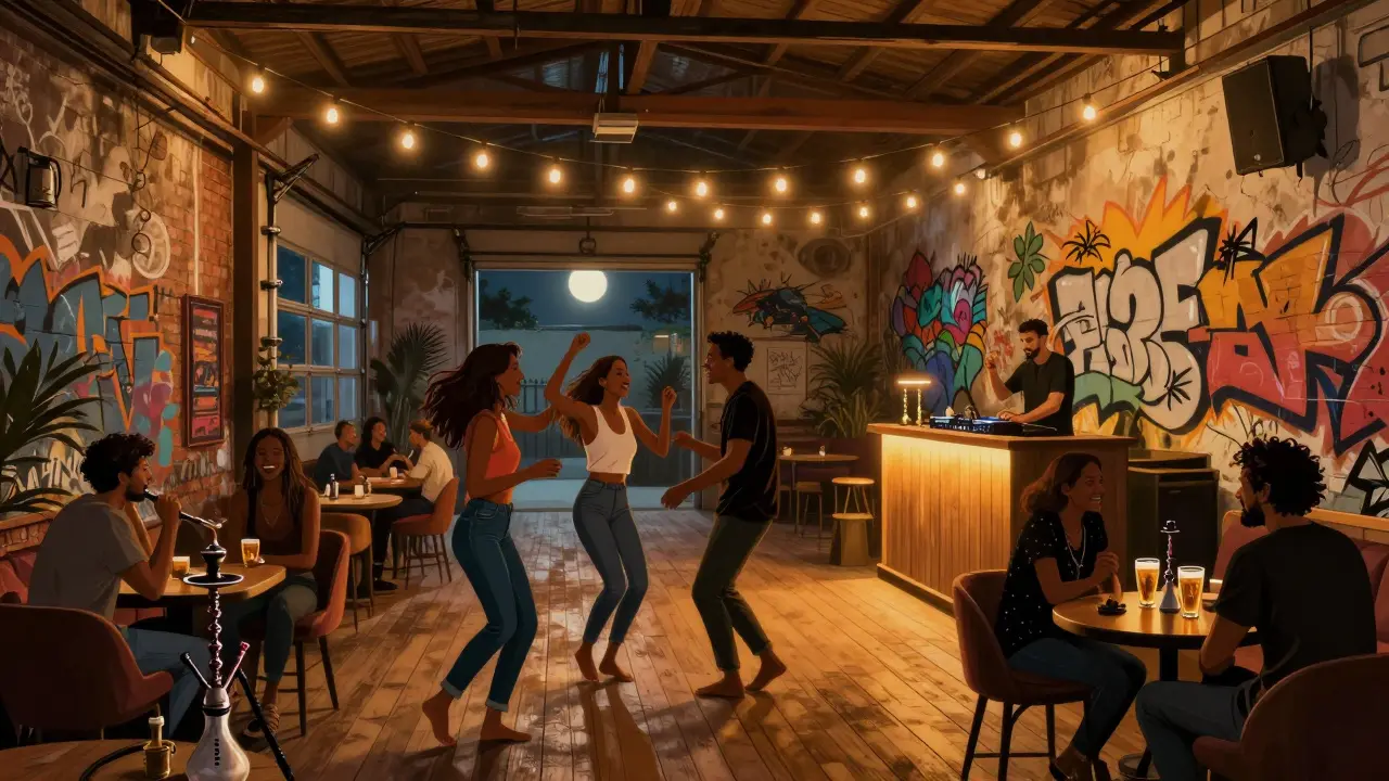 Casual crowd enjoying music and shisha at The Yard warehouse bar in Al Quoz.