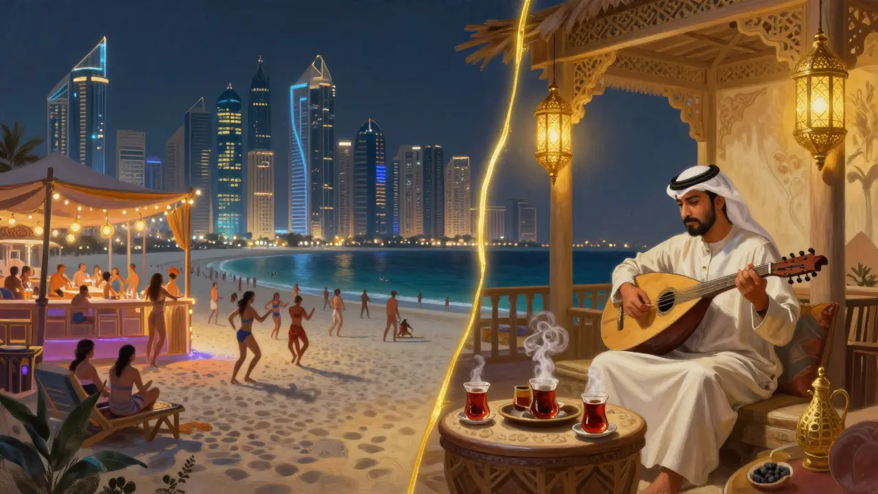 Contrasting scenes: vibrant beach club and tranquil tea house under lantern light in Dubai.
