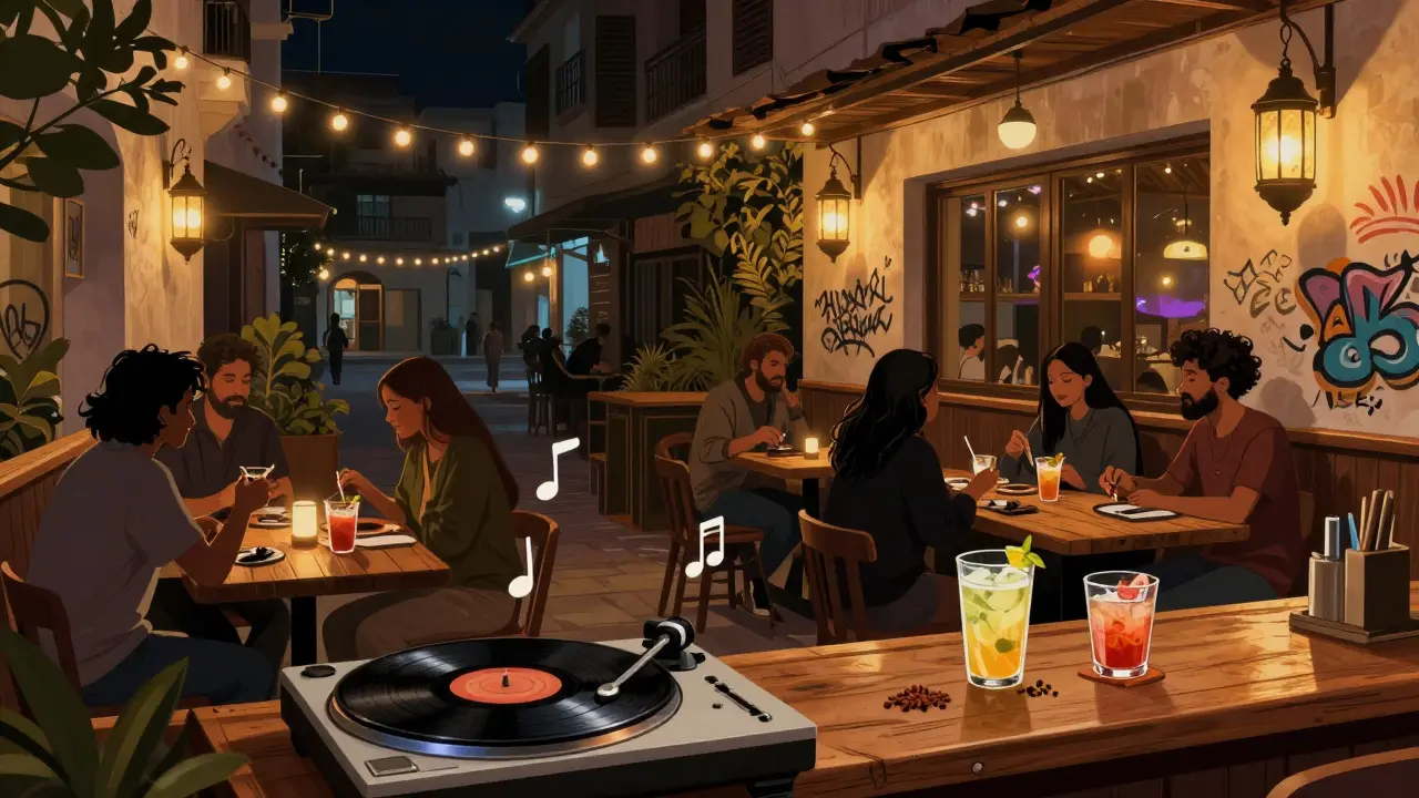 Cozy arts district bar at night with vinyl records, lanterns, and patrons sipping craft cocktails.