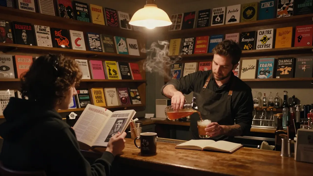 Cozy bar with zines and cocktails, quiet atmosphere lit by a single pendant lamp.