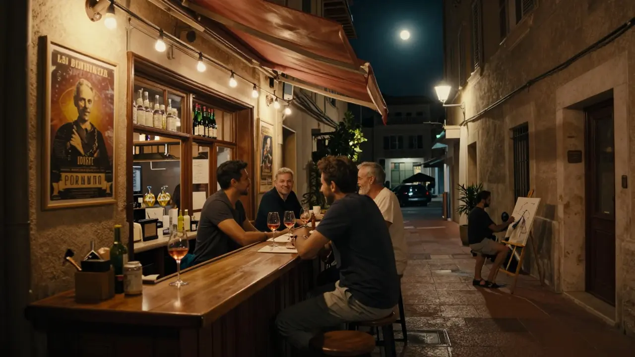 Cozy local bar in Monaco&#039;s old town with patrons drinking rosé, string lights, and alleyway moonlight casting soft shadows.