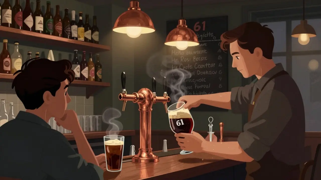 Craft beer bar with copper taps and chalkboard menu, bartender pouring dark ale.