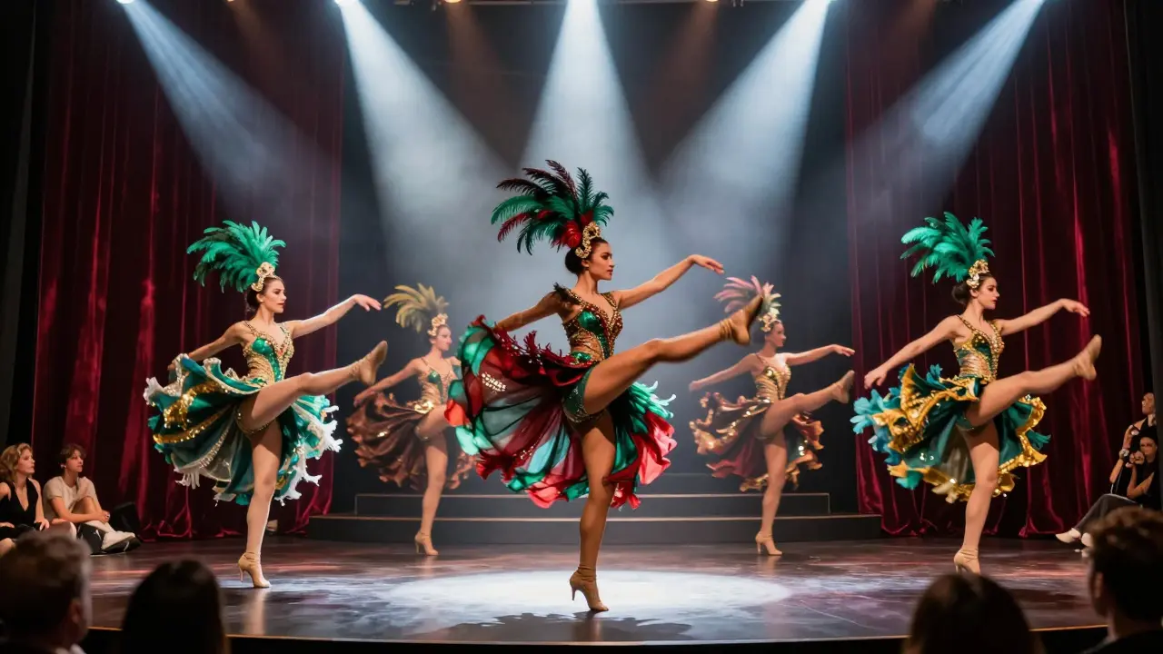 Dancers in feathered costumes performing under dazzling lights at Lido de Paris.