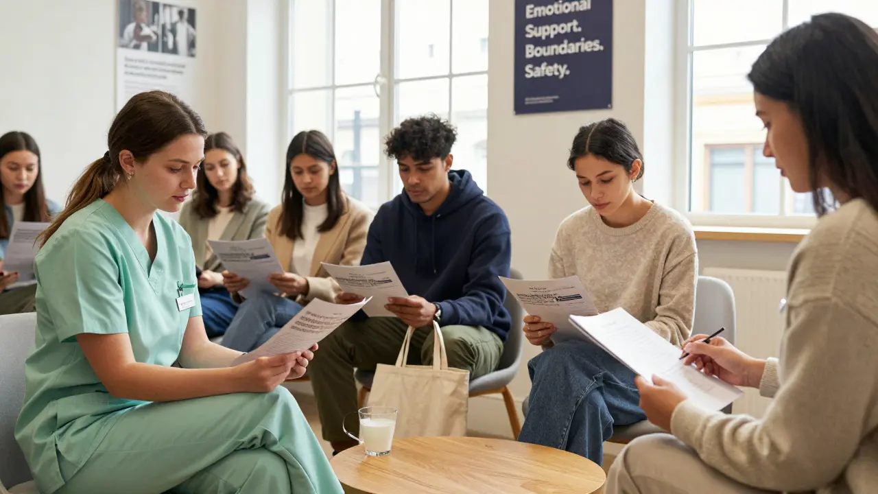 Diverse clients wait in a professional companionship agency’s quiet room, surrounded by safety and support materials.