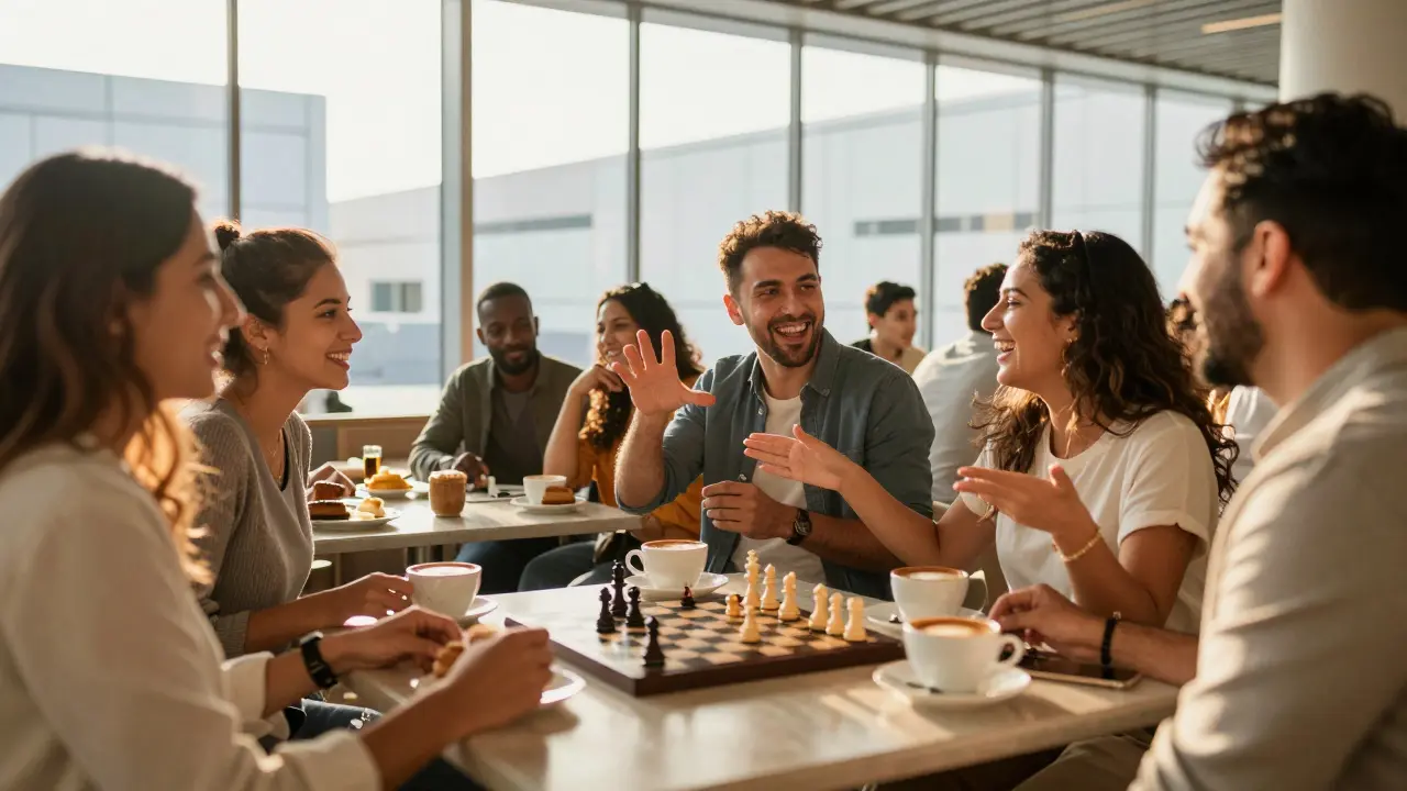 Diverse expats connect over coffee and chess at the Louvre Abu Dhabi café, sharing genuine laughter.