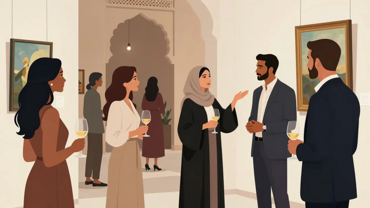 Diverse group of expats mingling at an art gallery opening in Dubai, engaging in cultural discussion.