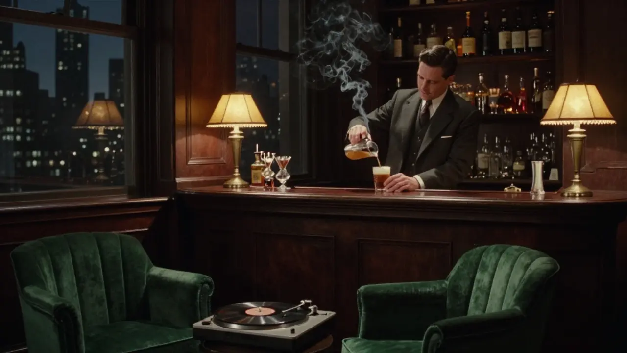 Elegant Bar 1865 in Mayfair with velvet chairs, jazz record, and smoky cocktails.