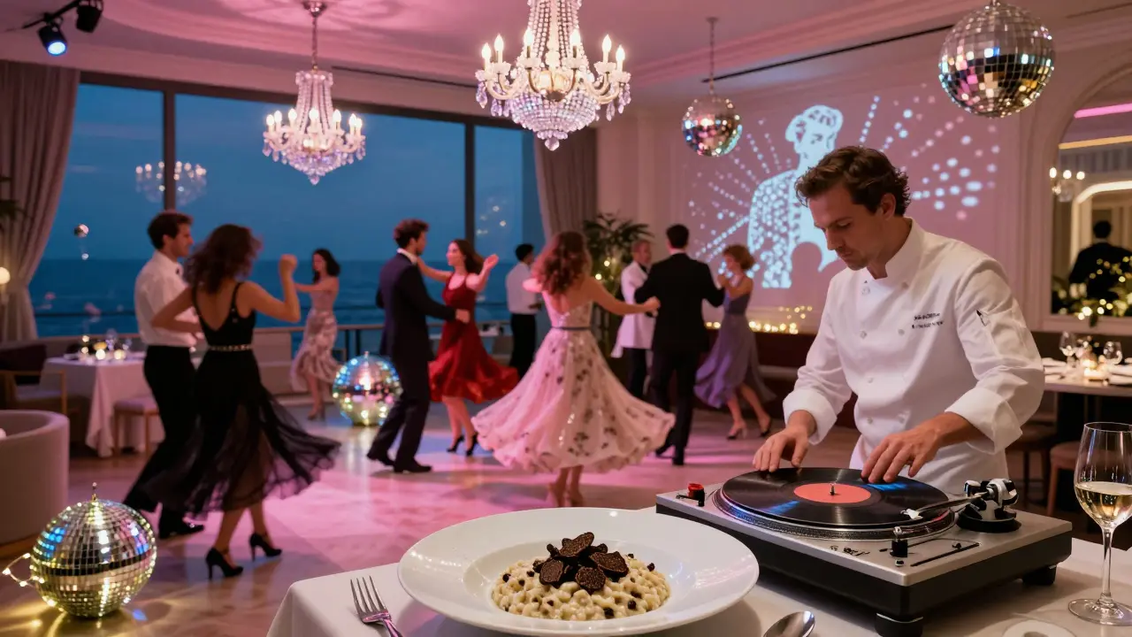 Elegant dining room turned dance floor with fairy lights and chef spinning records.