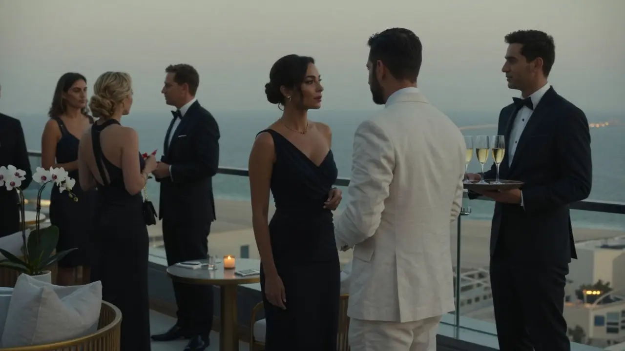 Elegant guests at a rooftop lounge in Abu Dhabi, mingling in muted tones with the city skyline behind them.