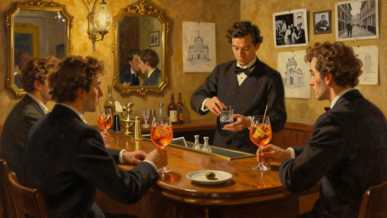 Elegant patrons sipping Aperol Spritz in a cozy, warmly lit bar with vintage decor and soft conversation.