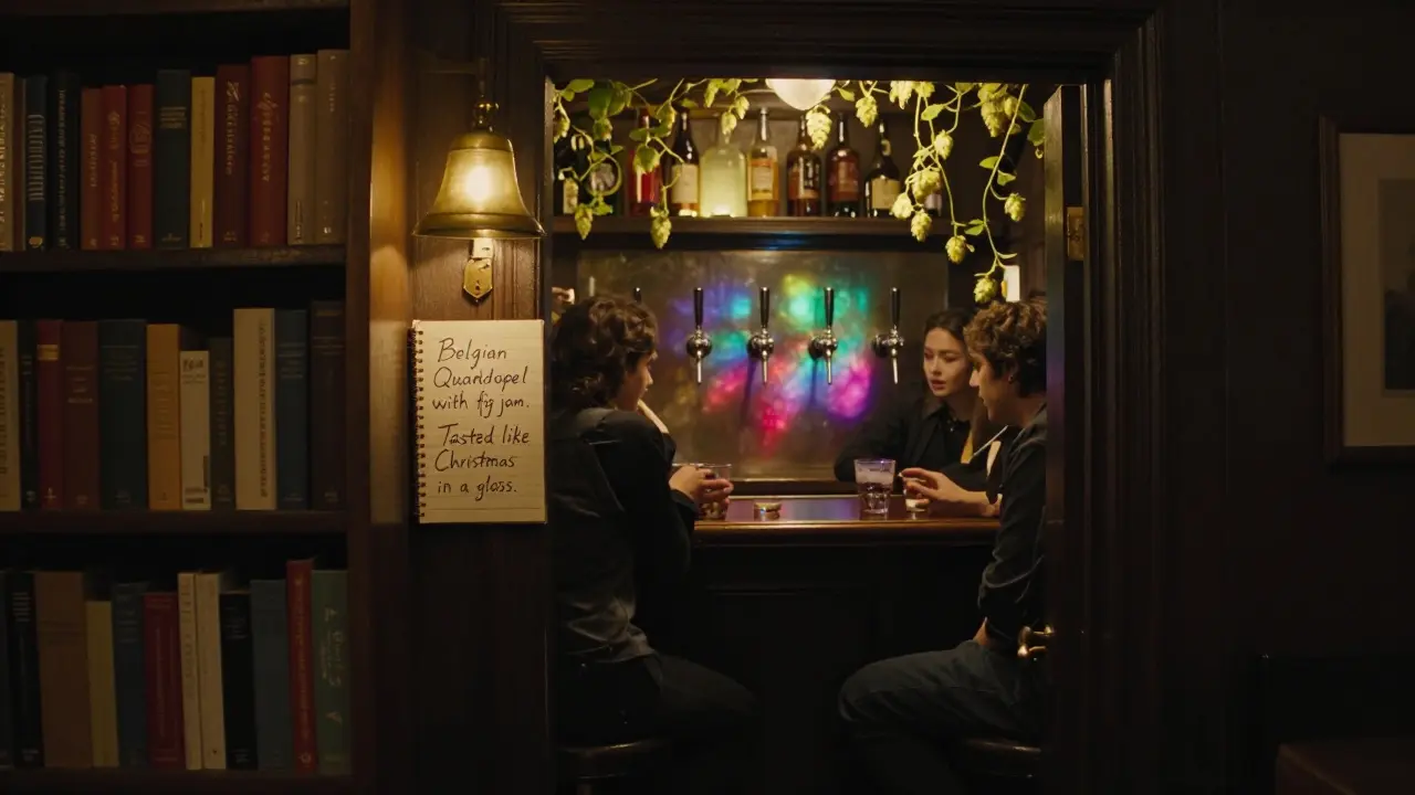 Hidden bar behind a bookshelf with glowing taps and handwritten tasting notes in a logbook.