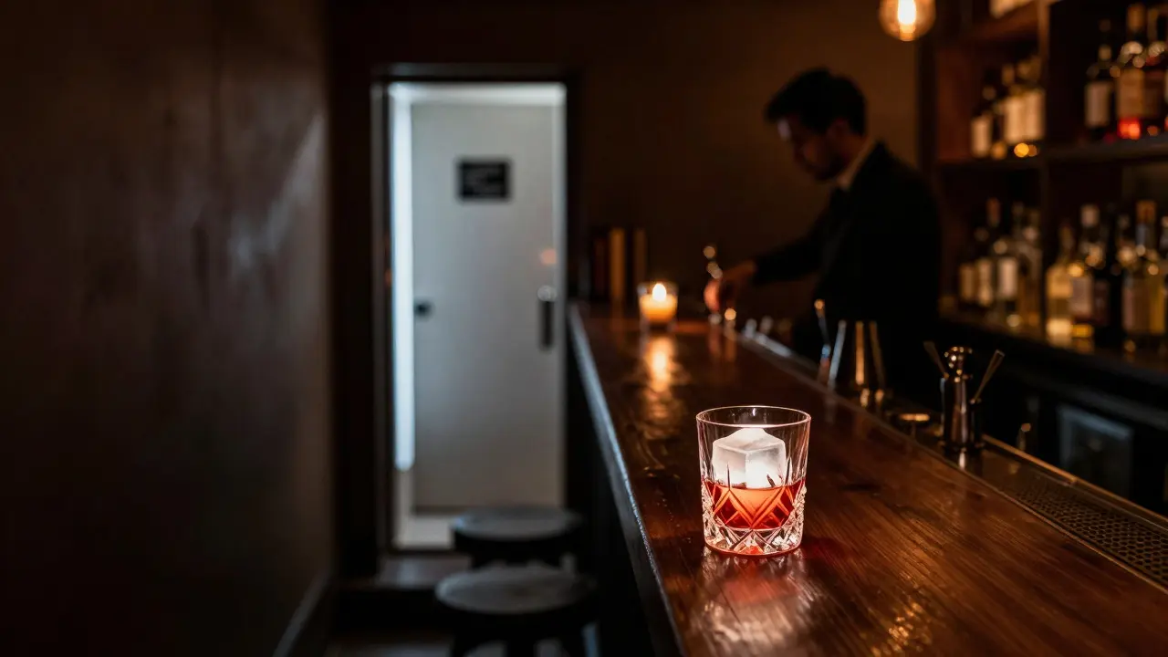 Hidden cocktail bar Little Red Door with candlelit glass and narrow stairwell entrance.