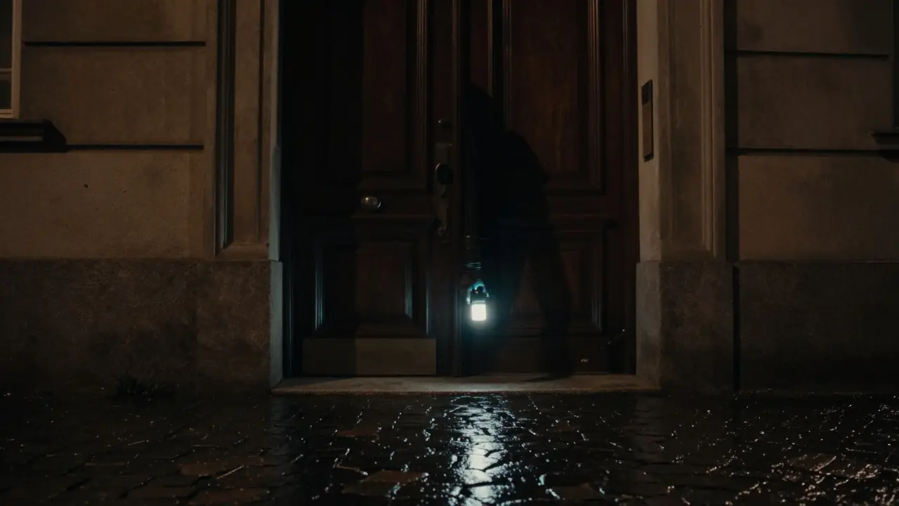 Hidden entrance to a luxury Milan apartment at night, keycard glowing, rain-slicked cobblestones, no people visible.