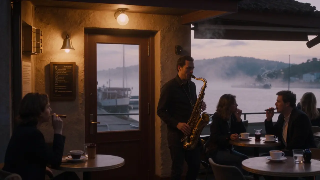 Hidden jazz lounge at 3 a.m. with a saxophonist playing softly under warm amber lights.