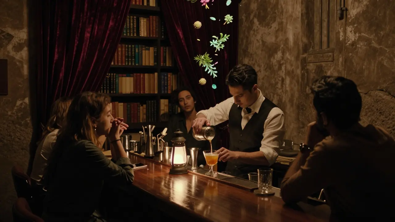 Hidden speakeasy behind a bookshelf, mixologist crafting a regional cocktail in dim light.