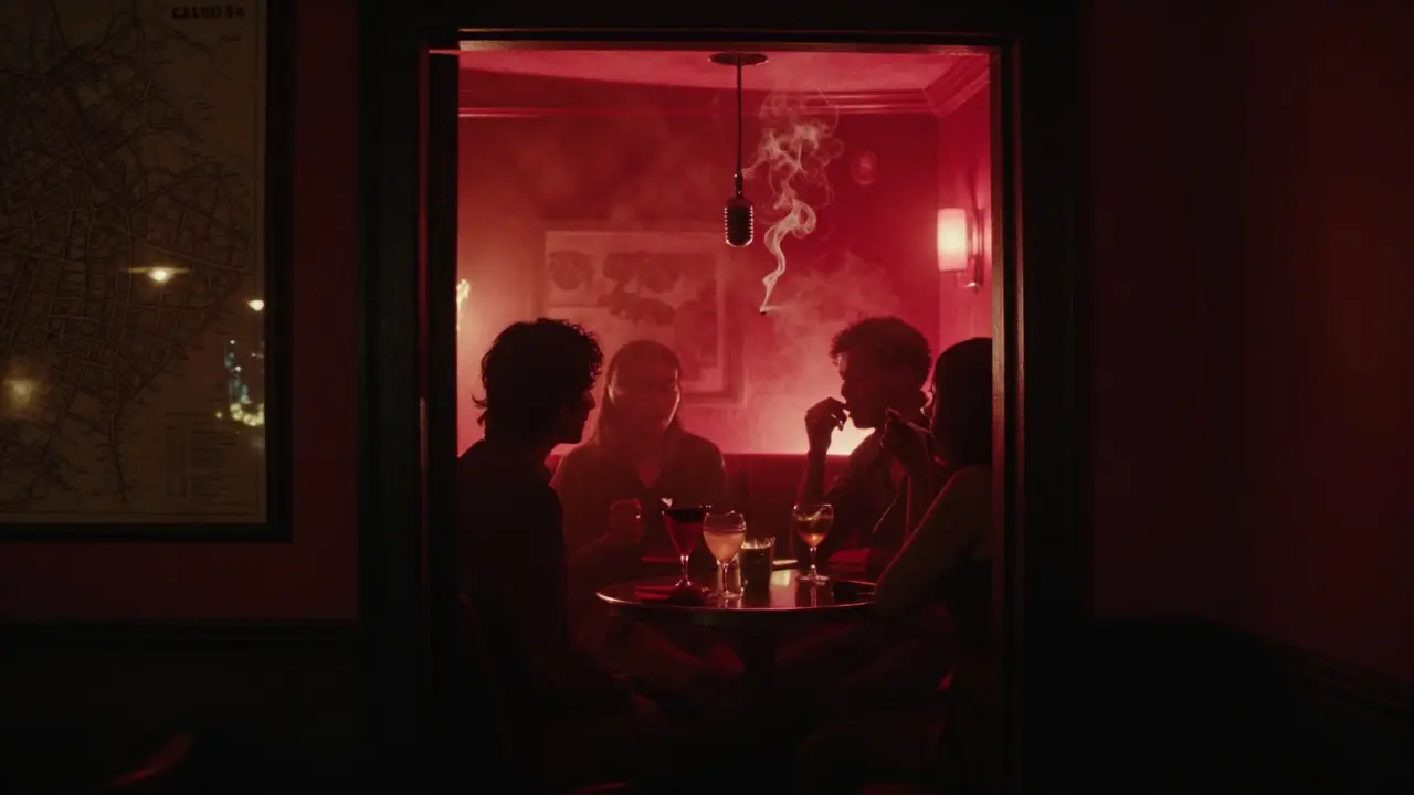 Hidden speakeasy with crimson lighting and silhouetted guests in a smoky room.